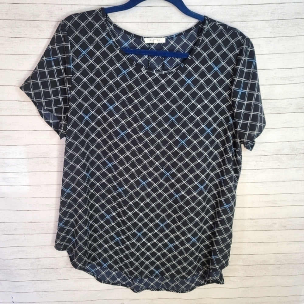 PLEIONE GEOMETRIC BLACK, WHITE & BLUE BLOUSE, SZ SMALL